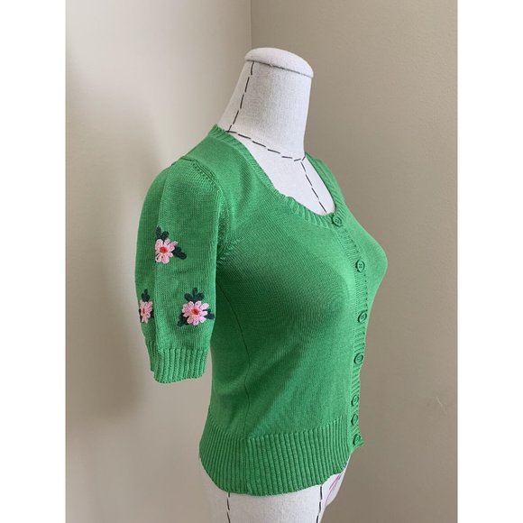 Vintage 70s Right Bank Green Floral Embroidery Cotton Sweater Knit Dittos Italy - Picture 7 of 10